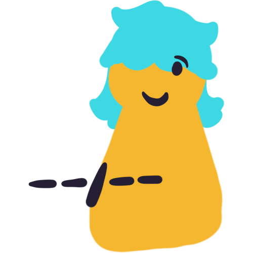  a yellow person with long blue hair. On their bottom left is two dashes with a slash in the middle followed by another two dashes.
